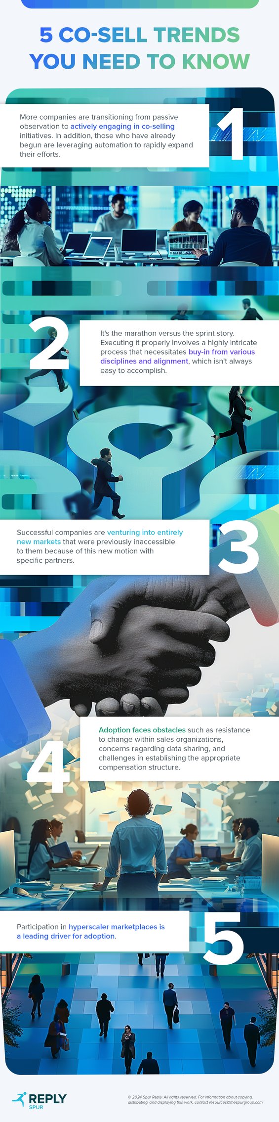 #1: More companies are transitioning from passive observation to actively engaging in co-selling initiatives. In addition, those who have already begun are leveraging automation to rapidly expand their efforts. #2: It's the marathon versus the sprint story. Executing it properly involves a highly intricate process that necessitates buy-in from various disciplines and alignment, which isn't always easy to accomplish. #3: Successful companies are venturing into entirely new markets that were previously inaccessible to them because of this new motion with specific partners.  #4: Adoption faces obstacles such as resistance to change within sales organizations, concerns regarding data sharing, and challenges in establishing the appropriate compensation structure. #5: Participation in hyperscaler marketplaces is a leading driver for adoption.  