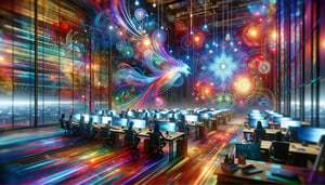 Computer monitors surrounded by colorful waves.