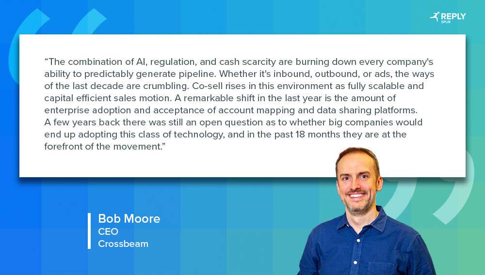 The combination of AI, regulation, and cash scarcity are burning down every company's ability to predictably generate pipeline. Whether it's inbound, outbound, or ads, the ways of the last decade are crumbling. Co-sell rises in this environment as fully scalable and capital efficient sales motion. A remarkable shift in the last year is the amount of enterprise adoption and acceptance of account mapping and data sharing platforms. A few years back there was still an open question as to whether big companies would end up adopting this class of technology, and in the past 18 months they are at the forefront of the movement. Quote by: Bob Moore, CEO, Crossbeam