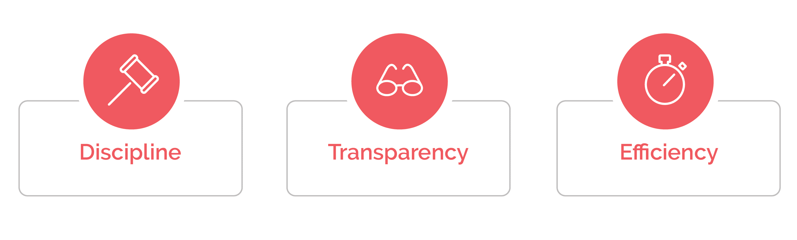 Graphic explaining strategic initiative execution. The three elements are discipline, transparency and efficiency