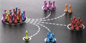 3D illustration of many pawns segmented in different categories over black background. concept of customer segmentation.