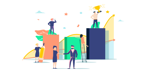Graphic of business people meeting and climbing blocks