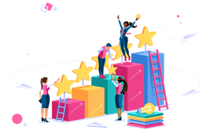 Animated image of business people climbing blocks with gold stars attached 