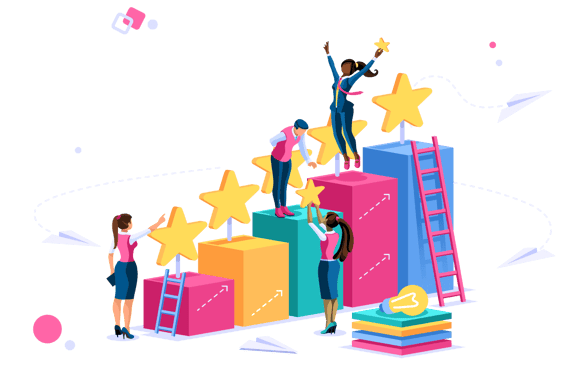 Animated image of business people climbing blocks with gold stars attached 