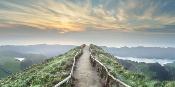 Mountain landscape with hiking trail and view of beautiful lakes Ponta Delgada, Sao Miguel Island, Azores, Portugal.