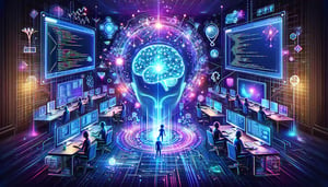 Animation of room with computers surrounding a large head with a brain.