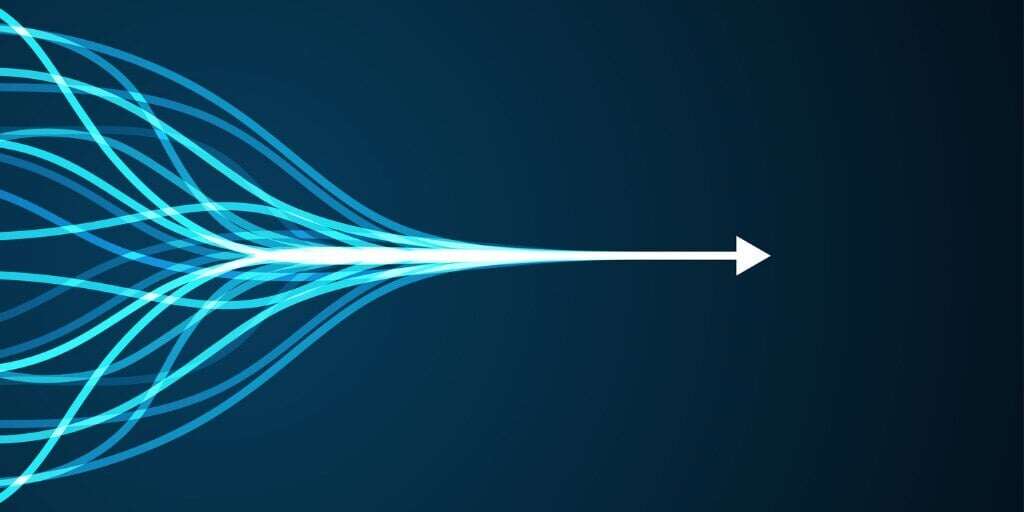 Arrows headed in different directions coming together as one.