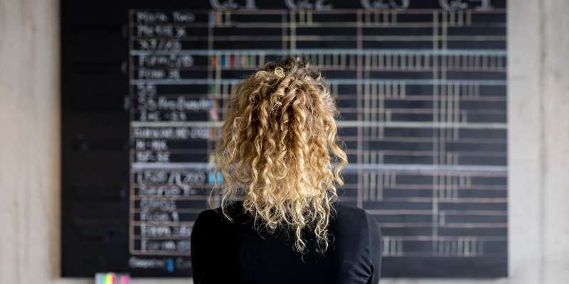 Rear view of a businesswoman looking at the project management calendar in her office.