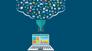 Animation of dozens of icons falling into a funnel above a computer
