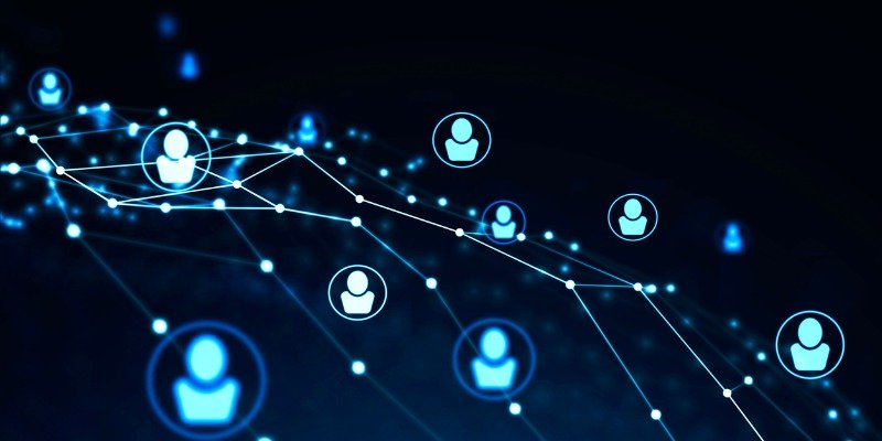 Modern HR interface over dark blue background. Concept of connectedness.