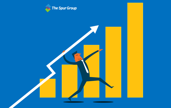 A graph that's increasing with a animated business person holding an upward arrow